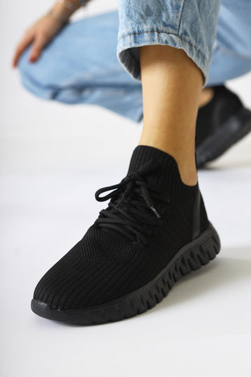 Astera Black Lace-Up Knitted Women's Sneakers