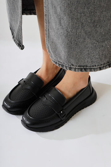Zain Black Laser Perforated Buckle Detailed Ballerinas