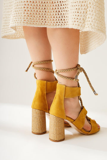 Britty Yellow Suede Thick Strap Rope Tie Heeled Sandals