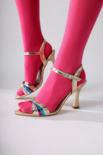 Manya Gold Cross Strap Heeled Sandals