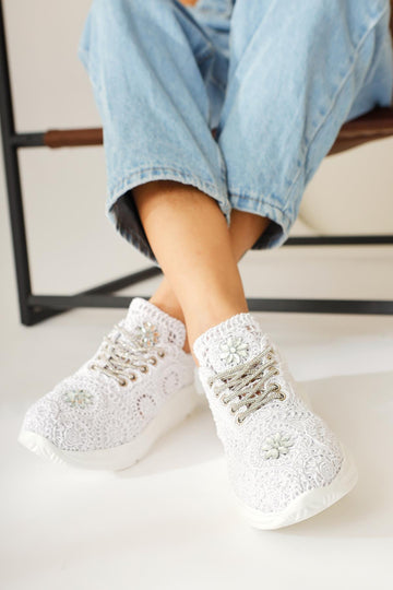 Matty White Stone Detailed Knitted Sneakers