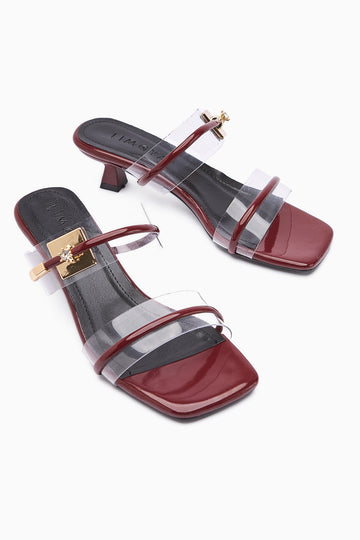 Silvi Claret Red Patent Leather Buckled Short Heeled Women's Slippers