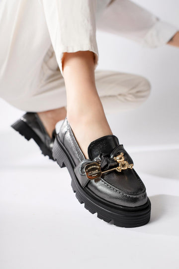 Emylie Platinum Bow Detail Buckled Oxford Shoes
