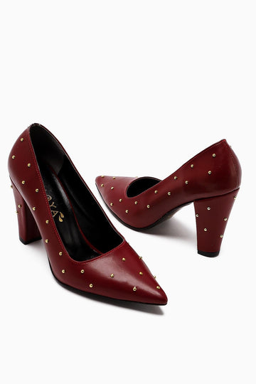 Audrey Claret Red Pointed Toe Studded Detailed Heeled Women's Shoes