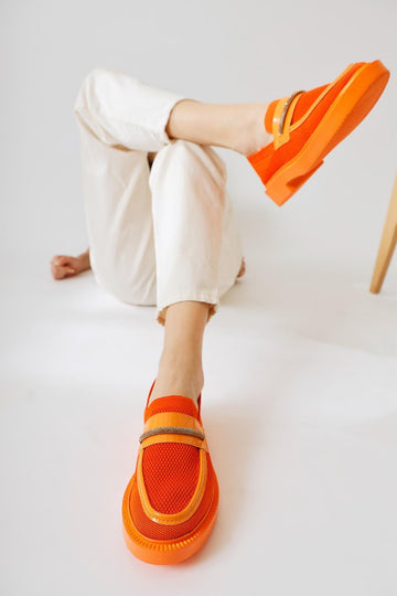 Micka Orange Knitted Patent Leather Detailed Stone Banded Casual Shoes