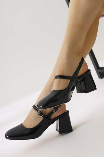 Anna-Belle Black Patent Leather Oval Toe Thin Strap Casual Shoes