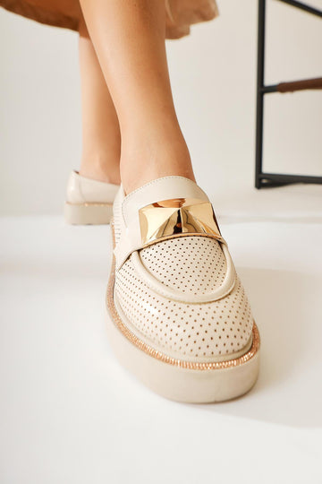 Khloe Beige Buckle Detail Perforated Loafers