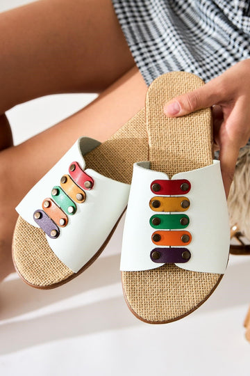 Genuine Leather Nicola White Straw Sole Colorful Buckled Slippers