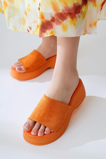 Safora Orange Suede Platform Slippers