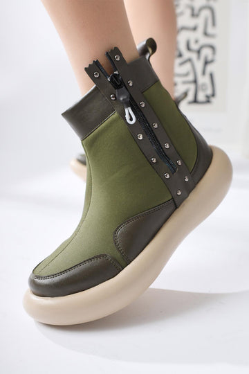 Maeda Khaki Diving Fabric Stud and Zipper Detailed Boots