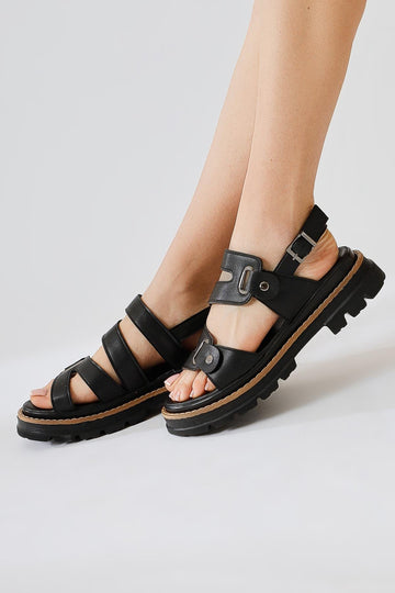 Aima Black Rivet Buckle Detailed Stitched Sandals