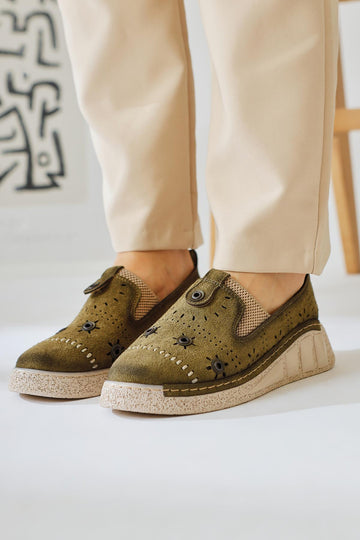 Bethina Khaki Suede Rivet Detailed Laser Perforated Ballerinas