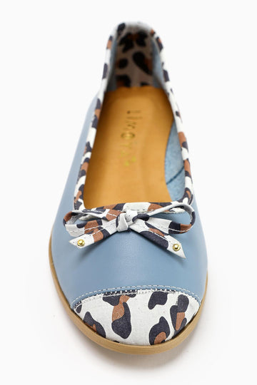 Genuine Leather Alfreda Blue Leopard Detailed Bow Women's Ballerinas