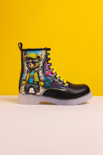 Denis Black Cartoon Character Printed Lace-Up Kids Boots