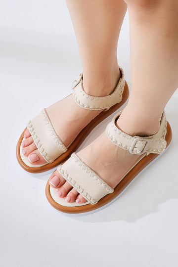 Nonna Beige Embroidered Detailed Thick Strap Sandals