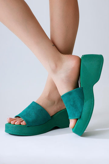 Safora Green Suede Platform Slippers