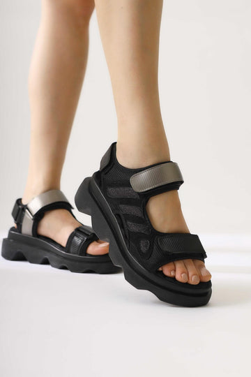 Quan Black Glitter Detailed Velcro Comfortable Sole Sandals