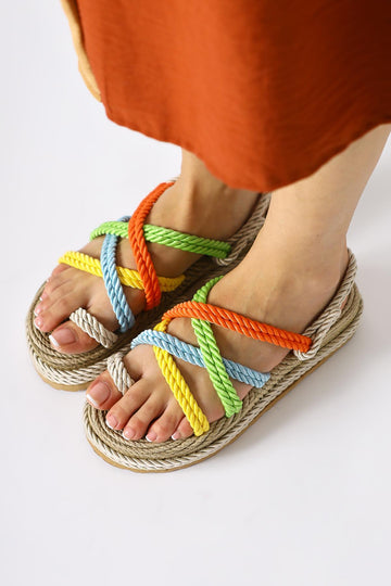 Spresa Cream-Multicolored Thick Soled Rope Sandals