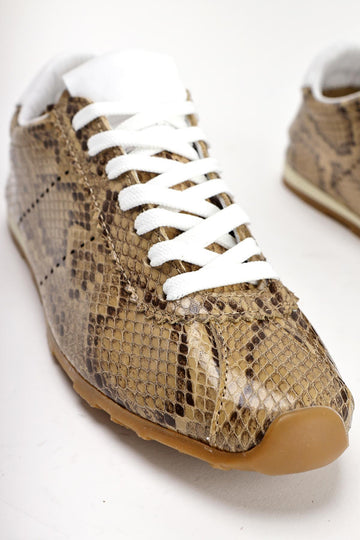 Genuine Leather Alisa Beige Crocodile Leather Printed Lace-Up Casual Women's Shoes