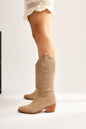 Germaine Mink Suede Embroidered Cowboy Boots