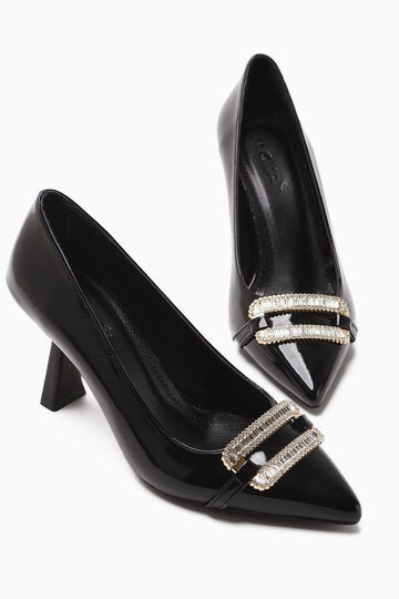 Ania Black Patent Leather Pointed Toe Stone Buckle Detailed Heeled Women's Shoes