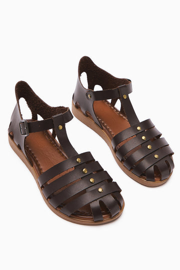 Genuine Leather Tori Brown Four-Strap Adjustable Flat Sandals