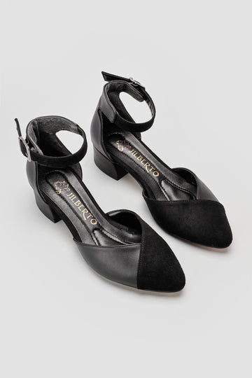 Jannie Black Pointed Toe Ankle Strap Low Heel Sandals
