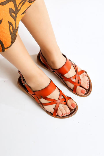 Genuine Leather Faika Orange Flip Flop Sandals