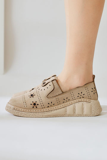 Bethina Beige Suede Rivet Detailed Laser Perforated Ballerinas