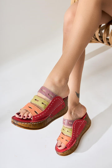 Genuine Leather Etta Red Orange Green Purple Laser Cut Slippers (Full Orthopedic Slippers)