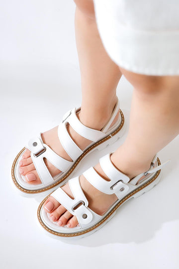 Aima White Rivet Buckle Detailed Stitched Sandals