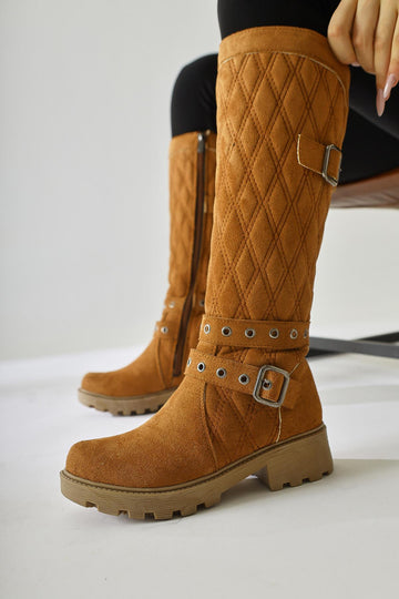 Carma Tan Suede Belt Detailed Quilted Stitch Boots