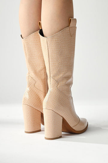 Keri Beige Crocodile Asymmetric Cut Heeled Short Boots
