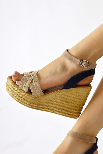 Ashlynn Navy Blue Suede Strappy Wedge Heel