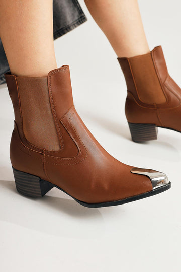 Micki Tan Pointed Toe Metal Detailed Boots
