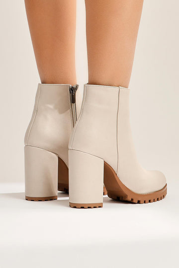 Bahiya Beige Oval Toe Zippered Heeled Boots