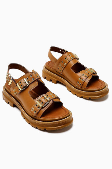 Julija Tan Double-Strap Studded Detail Thick-Soled Women's Sandals