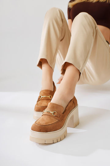 Manija Tan Suede Buckle Detail Platform Loafers