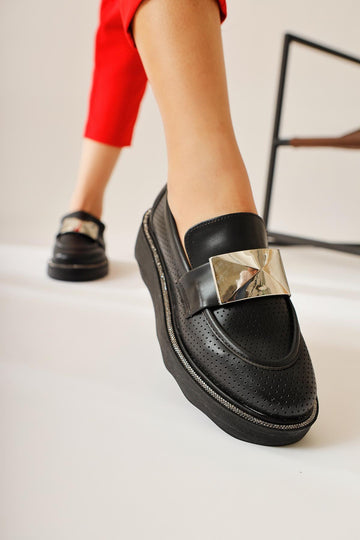 Khloe Black Buckle Detail Perforated Loafers