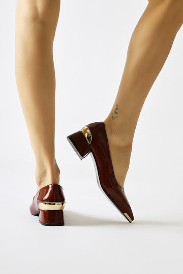 Alica Claret Red Patent Leather Pointed Toe Stone Detailed Short Heeled Shoes