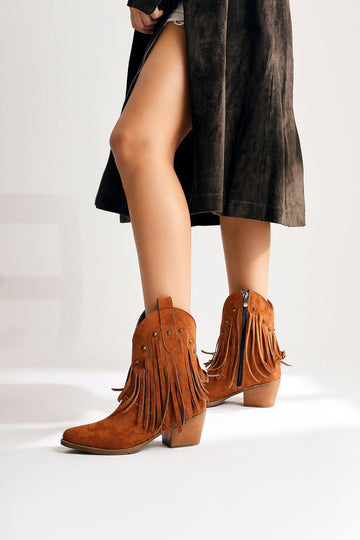 Lillebeth Tan Suede Tassel Stud Detail Western Boots