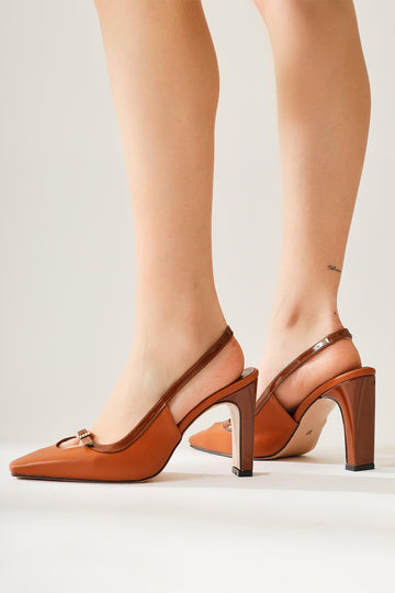 Elenita Brown Blunt Toe Stone Detailed Heeled Shoes