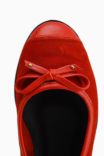 Genuine Leather Alfreda Red Suede Leather Detailed Bow Women's Ballerinas