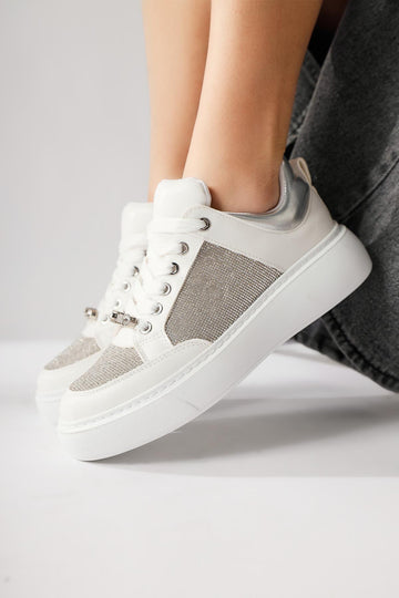 Sonnie White Thick Soled Stone Detail Sneakers