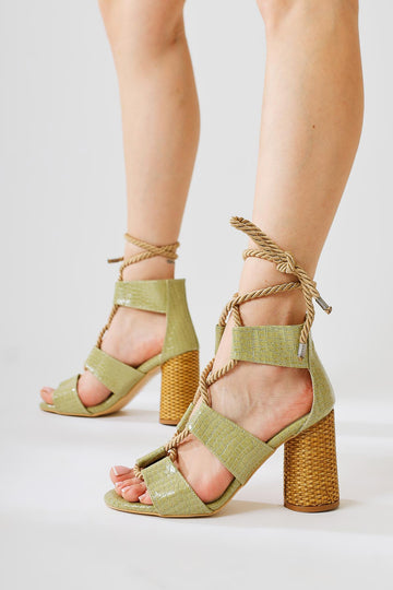 Britty Green Crocodile Patent Leather Thick Strap Rope Tie Heeled Sandals