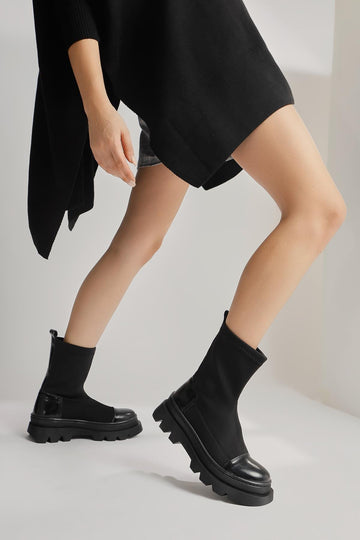Ayman Black Diving Fabric Patent Leather Detailed Boots