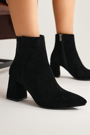 Ann Karin Black Suede Pointed Toe Zippered Heeled Boots