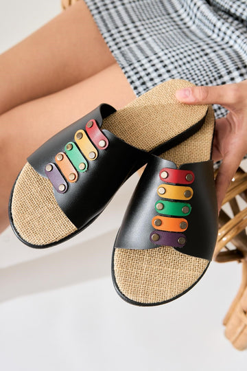 Genuine Leather Nicola Black Straw Sole Colorful Buckled Slippers
