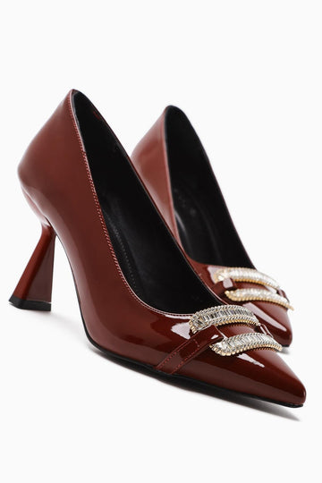 Ania Claret Red Patent Leather Pointed Toe Stone Buckle Detailed Heeled Women's Shoes