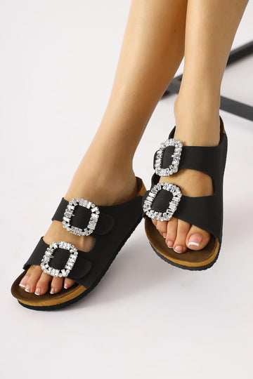 Brisa Black Double Banded Stone Buckle Detailed Slippers